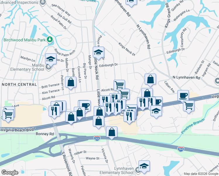 map of restaurants, bars, coffee shops, grocery stores, and more near 3348 Alcott Road in Virginia Beach