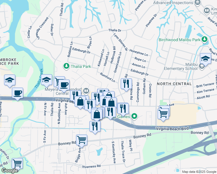 map of restaurants, bars, coffee shops, grocery stores, and more near 3907 Wyckoff Drive in Virginia Beach