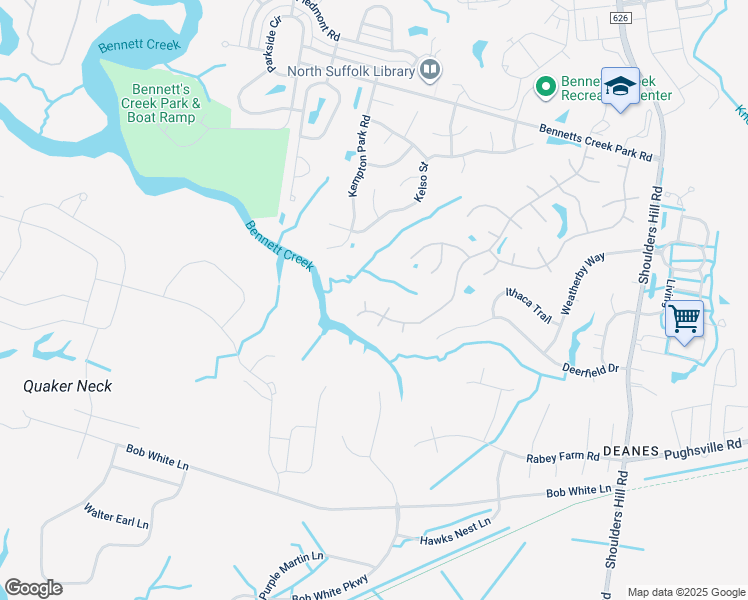 map of restaurants, bars, coffee shops, grocery stores, and more near 3502 Arabian Place in Suffolk