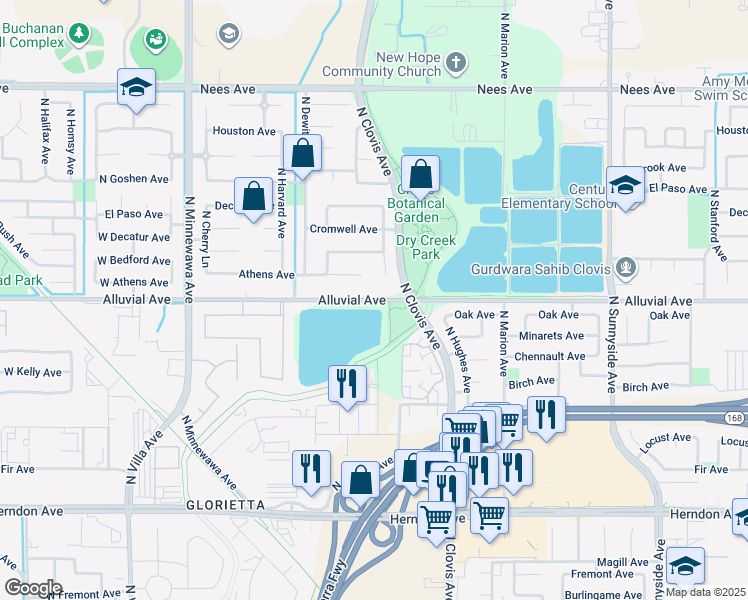 map of restaurants, bars, coffee shops, grocery stores, and more near 750 Alluvial Avenue in Clovis