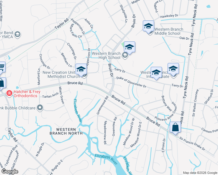 map of restaurants, bars, coffee shops, grocery stores, and more near 2910 Radcliffe Lane North in Chesapeake