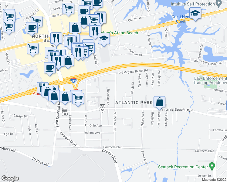 map of restaurants, bars, coffee shops, grocery stores, and more near 415 North Oceana Boulevard in Virginia Beach