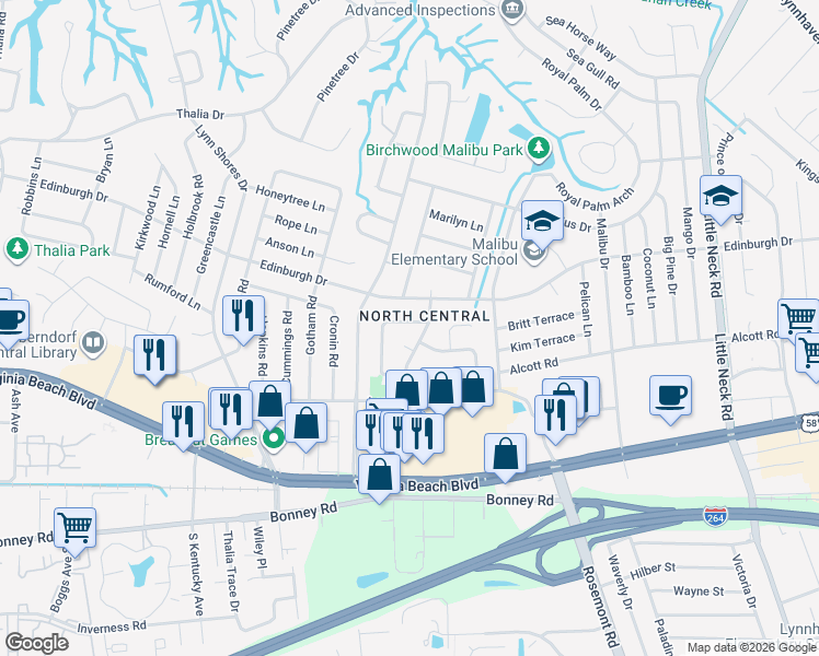 map of restaurants, bars, coffee shops, grocery stores, and more near 3720 Dunmoor Court in Virginia Beach