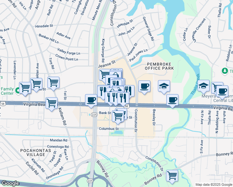 map of restaurants, bars, coffee shops, grocery stores, and more near 4554 Virginia Beach Boulevard in Virginia Beach