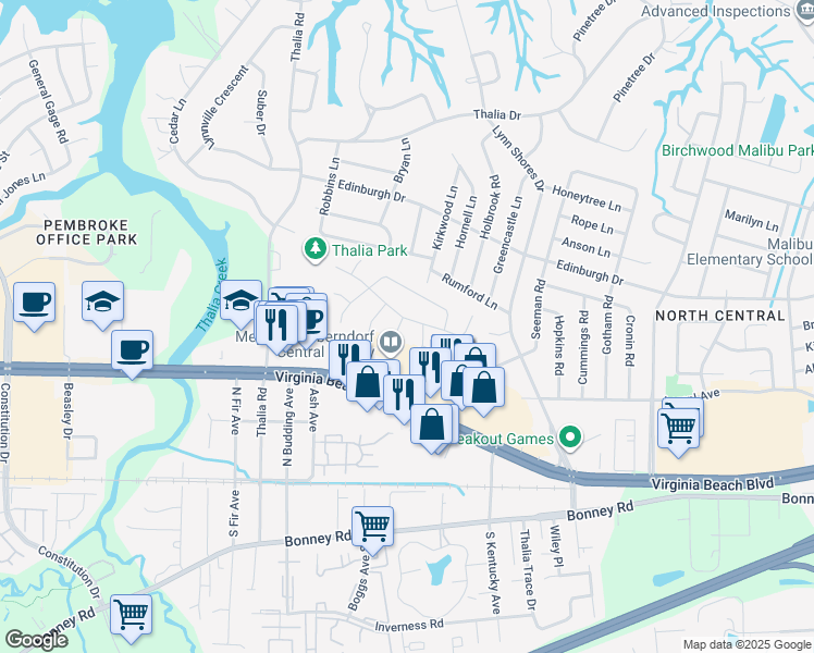 map of restaurants, bars, coffee shops, grocery stores, and more near 304 Pratt Court in Virginia Beach