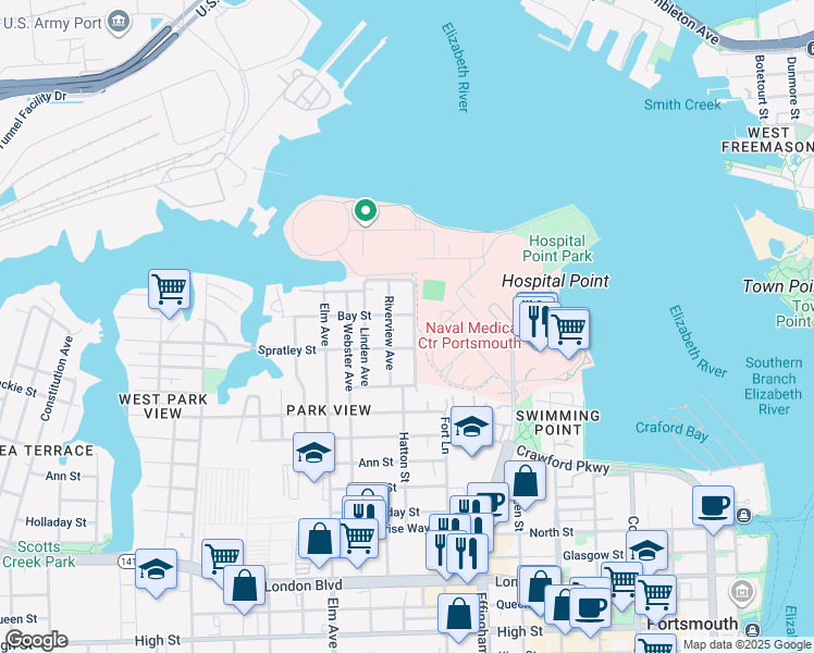 map of restaurants, bars, coffee shops, grocery stores, and more near 58 Parkview Avenue in Portsmouth