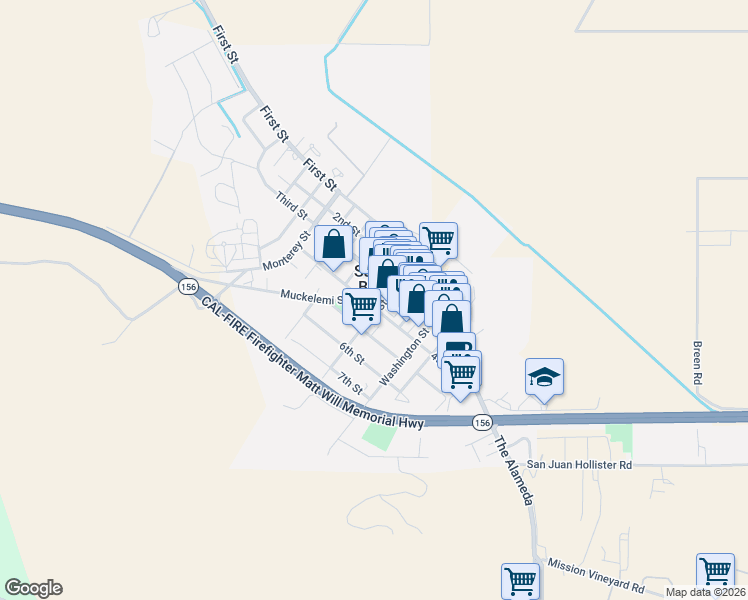 map of restaurants, bars, coffee shops, grocery stores, and more near 404 4th Street in San Juan Bautista