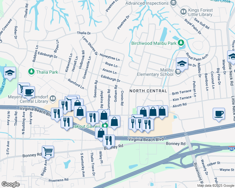 map of restaurants, bars, coffee shops, grocery stores, and more near 428 Gotham Road in Virginia Beach