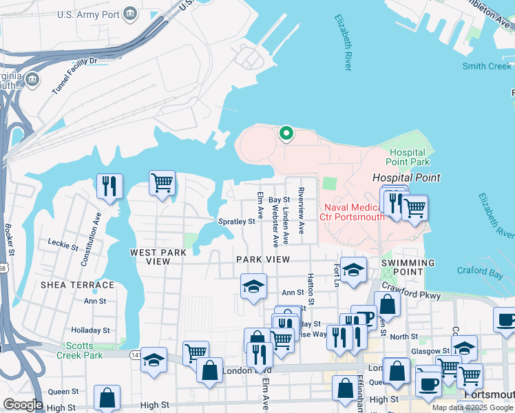 map of restaurants, bars, coffee shops, grocery stores, and more near 63 Armstrong Street in Portsmouth