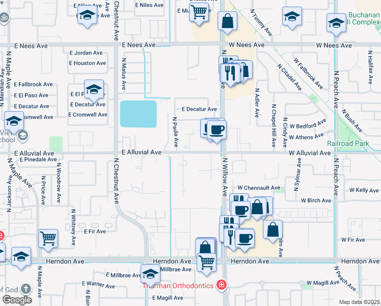 map of restaurants, bars, coffee shops, grocery stores, and more near 7464 North Paula Avenue in Clovis