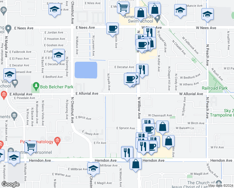 map of restaurants, bars, coffee shops, grocery stores, and more near 7464 North Paula Avenue in Clovis