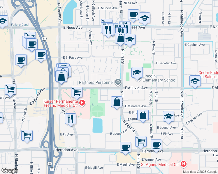 map of restaurants, bars, coffee shops, grocery stores, and more near 545 East Alluvial Avenue in Fresno