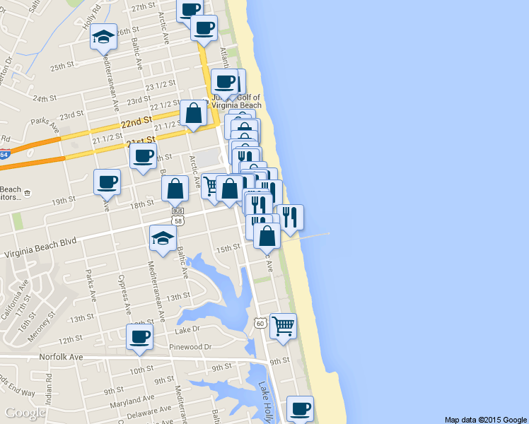 map of restaurants, bars, coffee shops, grocery stores, and more near 103 16th Street in Virginia Beach