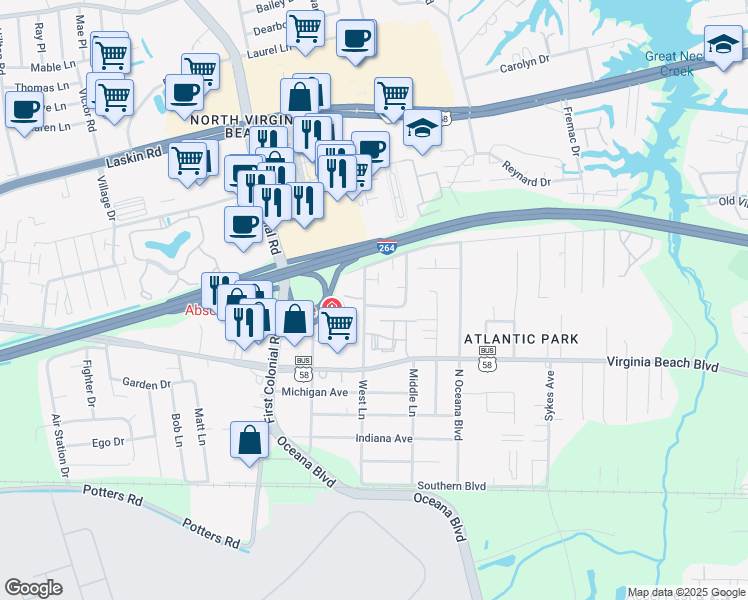map of restaurants, bars, coffee shops, grocery stores, and more near 400 Hill Meadow Drive in Virginia Beach