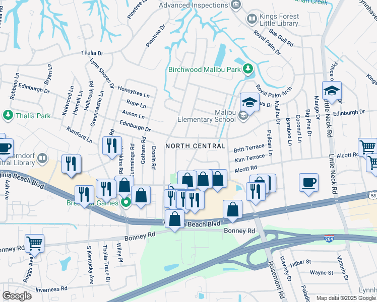 map of restaurants, bars, coffee shops, grocery stores, and more near 3720 Dunmoor Court in Virginia Beach