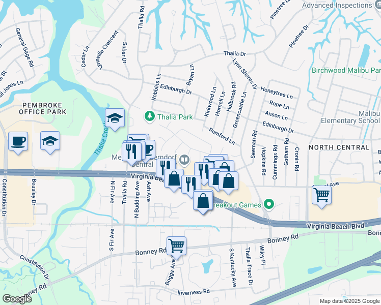 map of restaurants, bars, coffee shops, grocery stores, and more near 304 Pratt Court in Virginia Beach