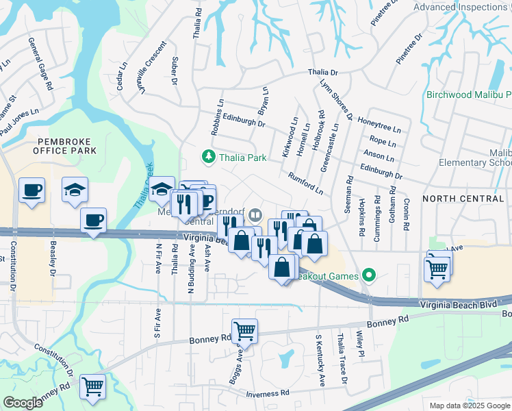 map of restaurants, bars, coffee shops, grocery stores, and more near 304 Pratt Court in Virginia Beach
