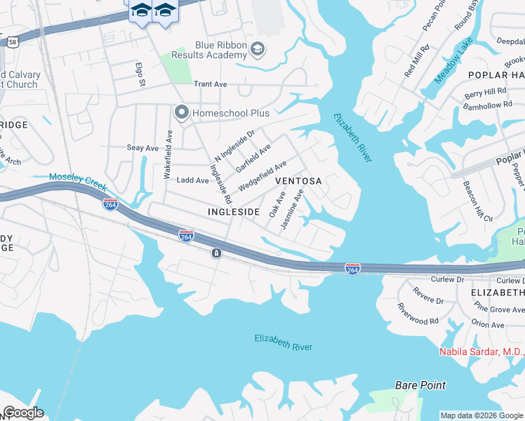 map of restaurants, bars, coffee shops, grocery stores, and more near 808 Oak Avenue in Norfolk