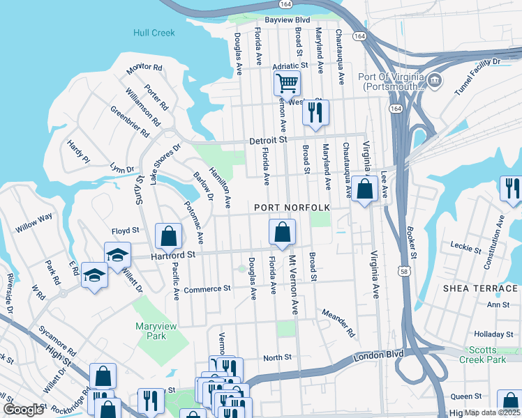 map of restaurants, bars, coffee shops, grocery stores, and more near 2902 Woodrow Street in Portsmouth