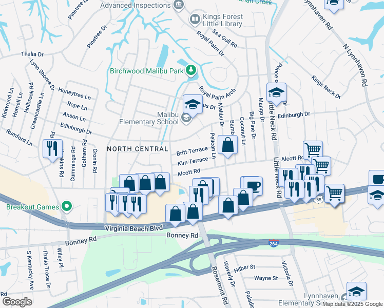 map of restaurants, bars, coffee shops, grocery stores, and more near 3625 Britt Terrace in Virginia Beach