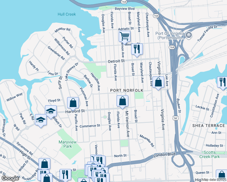 map of restaurants, bars, coffee shops, grocery stores, and more near 2902 Woodrow Street in Portsmouth