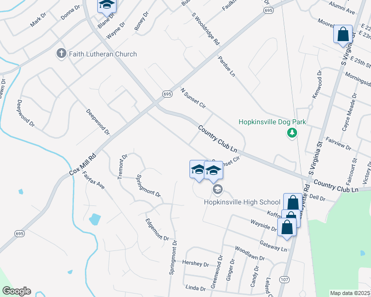 map of restaurants, bars, coffee shops, grocery stores, and more near 117 South Sunset Circle in Hopkinsville