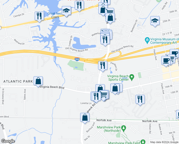map of restaurants, bars, coffee shops, grocery stores, and more near Gordon Walk in Virginia Beach