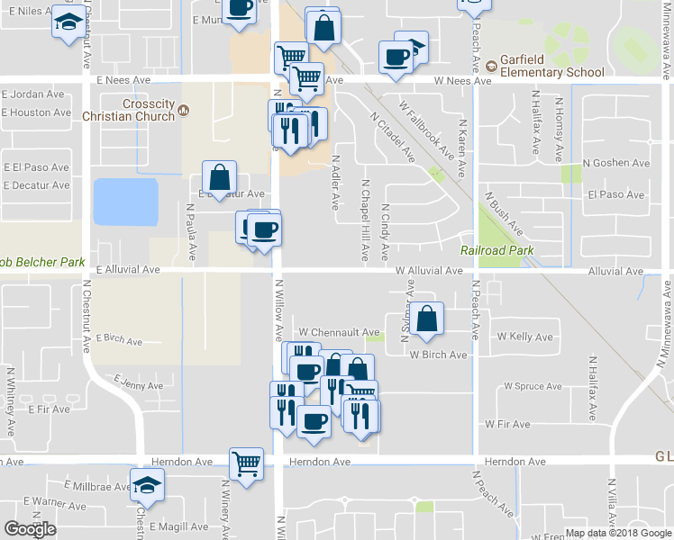 map of restaurants, bars, coffee shops, grocery stores, and more near 770 West Alluvial Avenue in Clovis