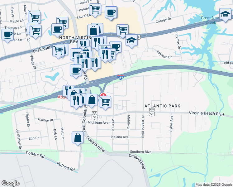 map of restaurants, bars, coffee shops, grocery stores, and more near 400 Hill Meadow Drive in Virginia Beach
