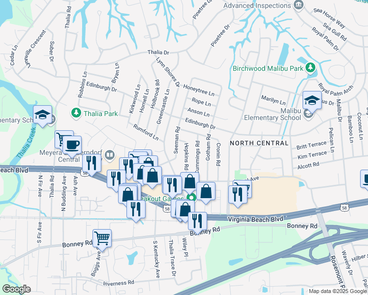 map of restaurants, bars, coffee shops, grocery stores, and more near 437 Hopkins Road in Virginia Beach