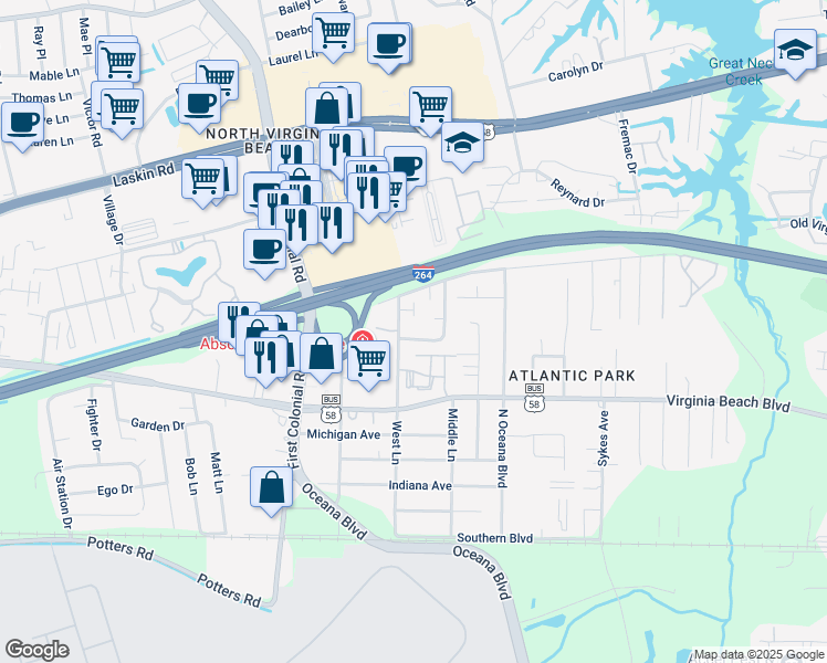 map of restaurants, bars, coffee shops, grocery stores, and more near 411 Hill Meadow Drive in Virginia Beach