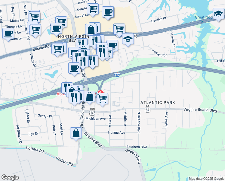 map of restaurants, bars, coffee shops, grocery stores, and more near 403 Hill Meadow Drive in Virginia Beach