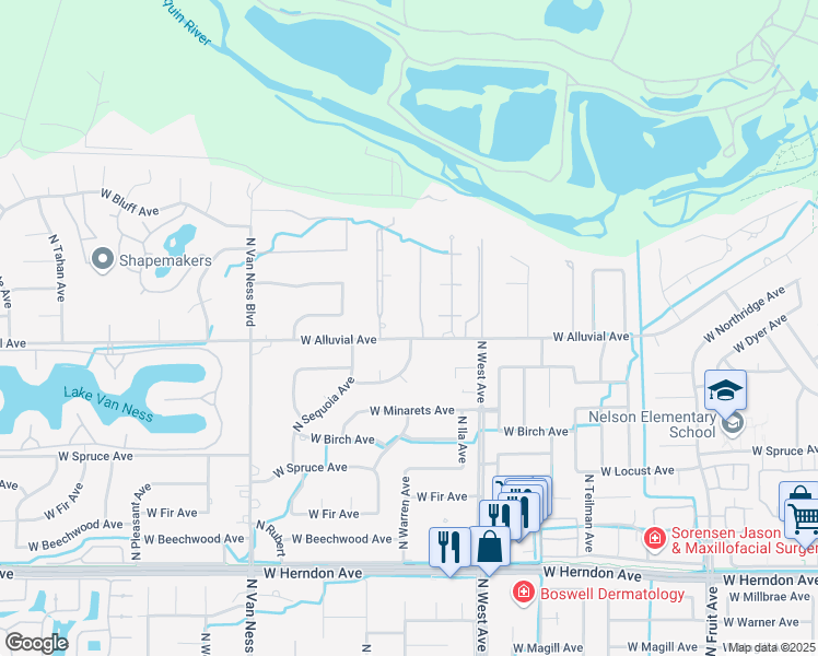 map of restaurants, bars, coffee shops, grocery stores, and more near 2124 West Alluvial Avenue in Fresno