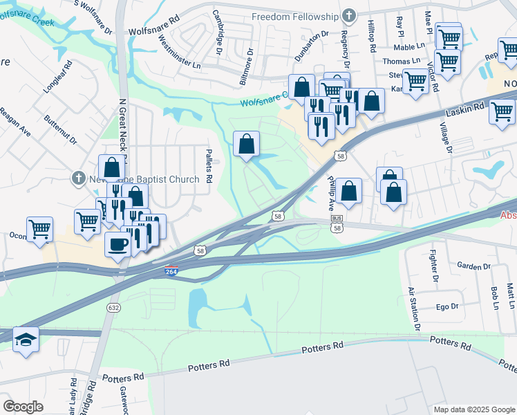 map of restaurants, bars, coffee shops, grocery stores, and more near 576 Chapel Lake Drive in Virginia Beach