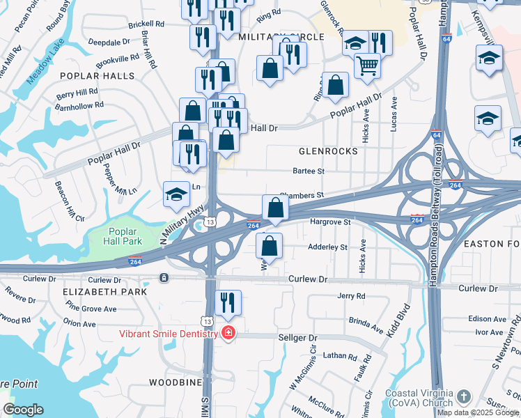 map of restaurants, bars, coffee shops, grocery stores, and more near 213 Wellman Street in Norfolk