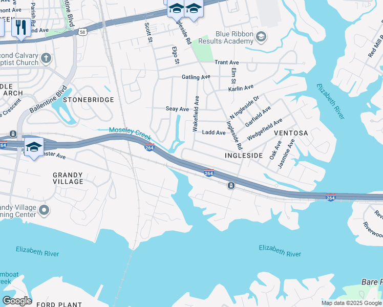 map of restaurants, bars, coffee shops, grocery stores, and more near 3568 Kentucky Avenue in Norfolk