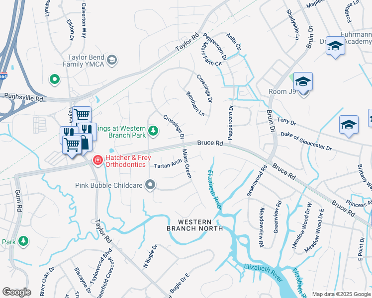 map of restaurants, bars, coffee shops, grocery stores, and more near 3029 Miars Green in Chesapeake