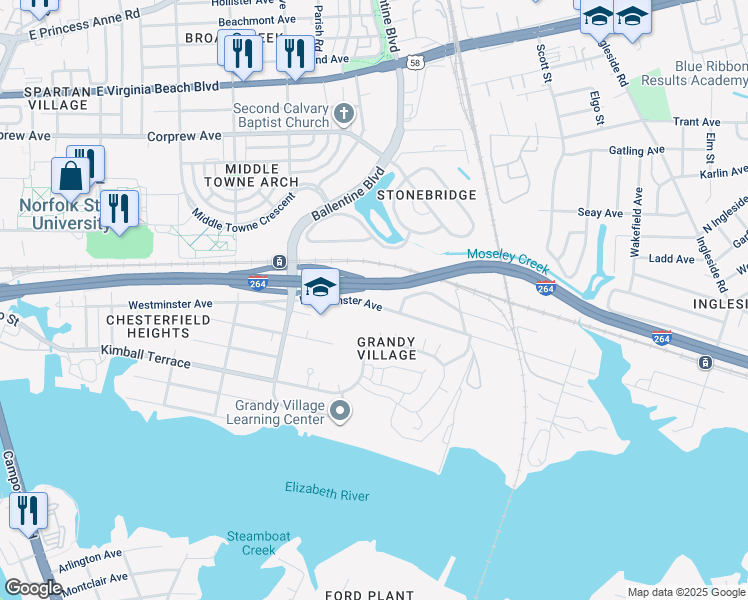 map of restaurants, bars, coffee shops, grocery stores, and more near 3030 Westminster Avenue in Norfolk