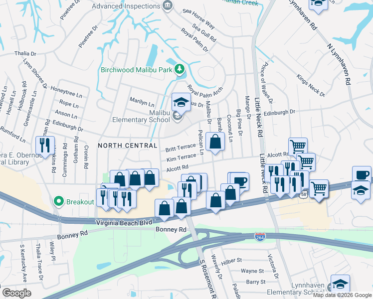 map of restaurants, bars, coffee shops, grocery stores, and more near 3620 Kim Terrace in Virginia Beach