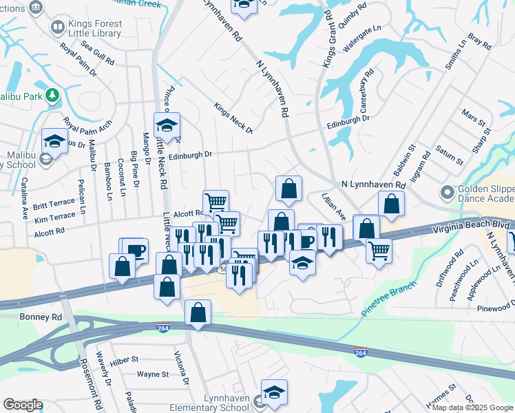 map of restaurants, bars, coffee shops, grocery stores, and more near 390 Phyllis Court in Virginia Beach