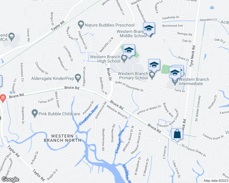 map of restaurants, bars, coffee shops, grocery stores, and more near 4217 Meadowgate Court in Chesapeake