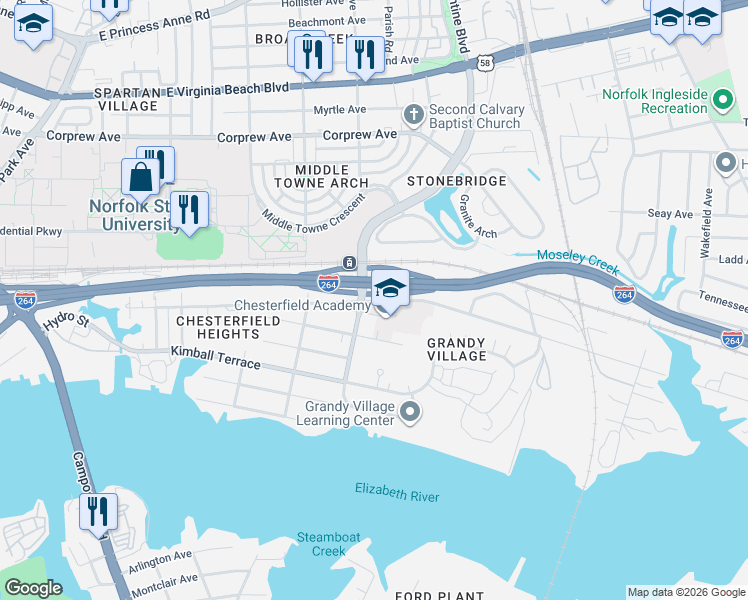 map of restaurants, bars, coffee shops, grocery stores, and more near 778 Ballentine Boulevard in Norfolk