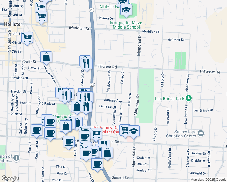 map of restaurants, bars, coffee shops, grocery stores, and more near 766 Del Mar Drive in Hollister
