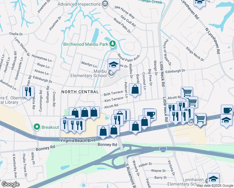 map of restaurants, bars, coffee shops, grocery stores, and more near 3620 Kim Terrace in Virginia Beach
