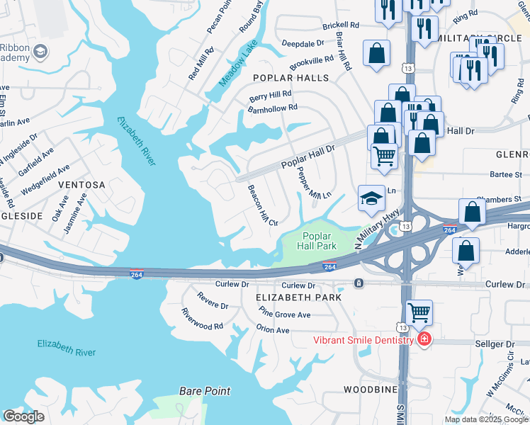 map of restaurants, bars, coffee shops, grocery stores, and more near 428 Leepoint Road in Norfolk