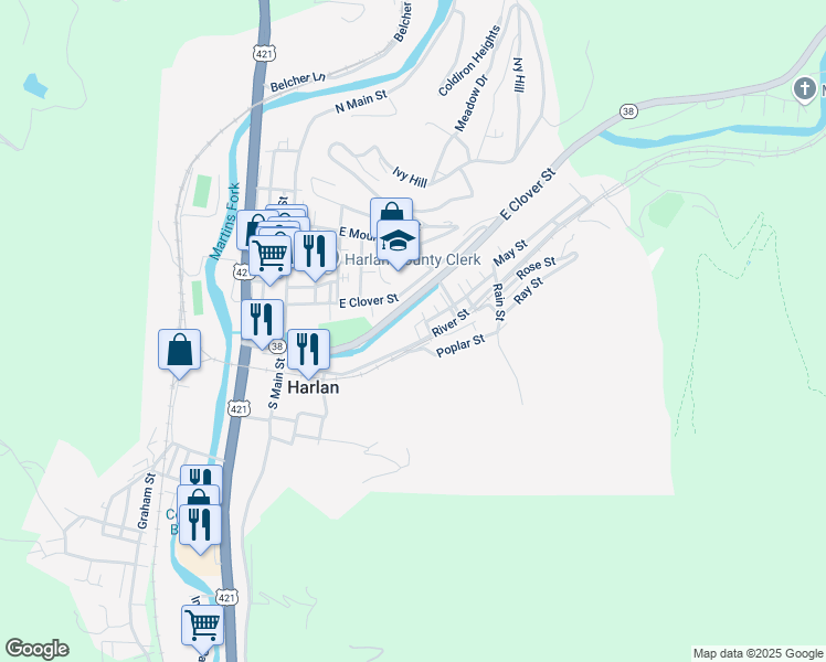 map of restaurants, bars, coffee shops, grocery stores, and more near 301 Poplar Street in Harlan
