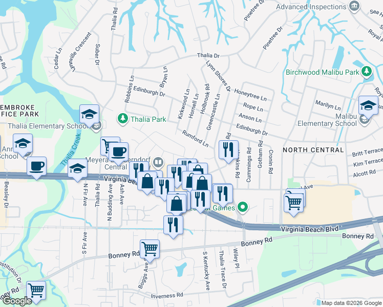 map of restaurants, bars, coffee shops, grocery stores, and more near 3915 Wyckoff Drive in Virginia Beach