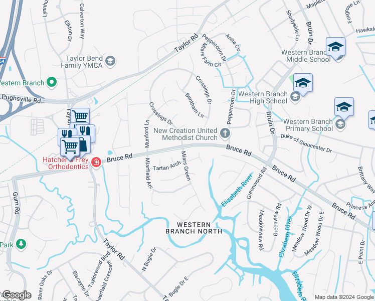 map of restaurants, bars, coffee shops, grocery stores, and more near 3029 Miars Green in Chesapeake