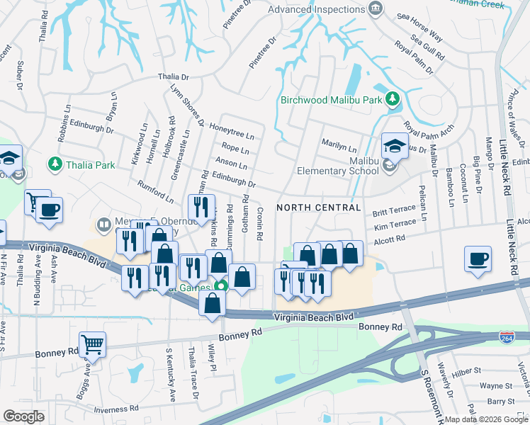 map of restaurants, bars, coffee shops, grocery stores, and more near 428 Gotham Road in Virginia Beach