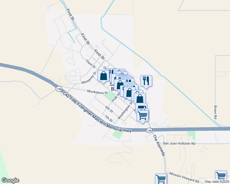 map of restaurants, bars, coffee shops, grocery stores, and more near 404 4th Street in San Juan Bautista